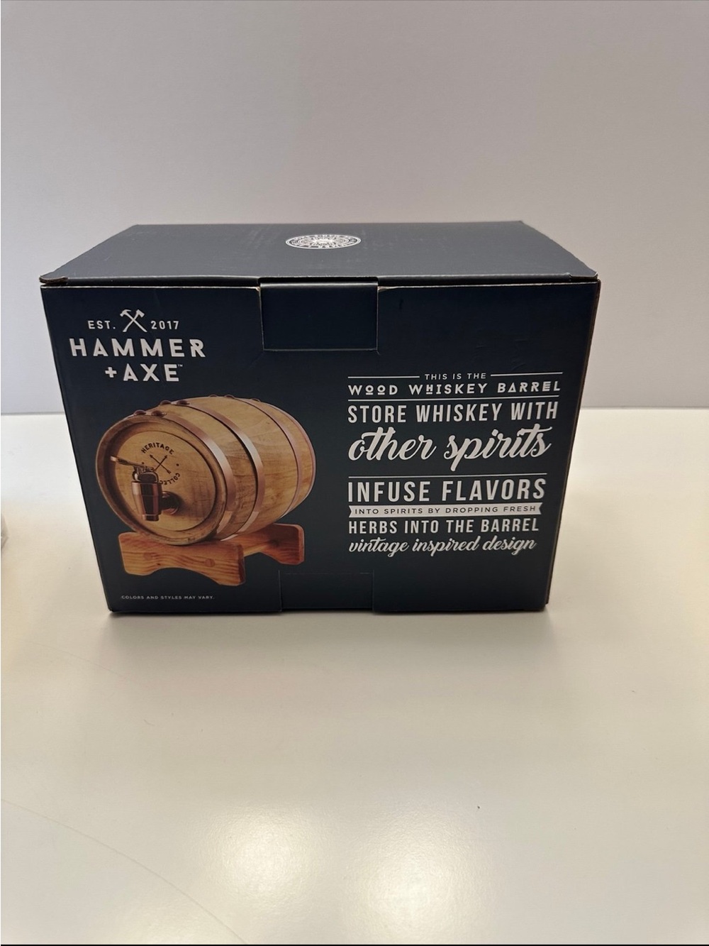 Hammer & Axe Wood Whiskey Barrel Keg Dispenser w/Tap Copper New in Box